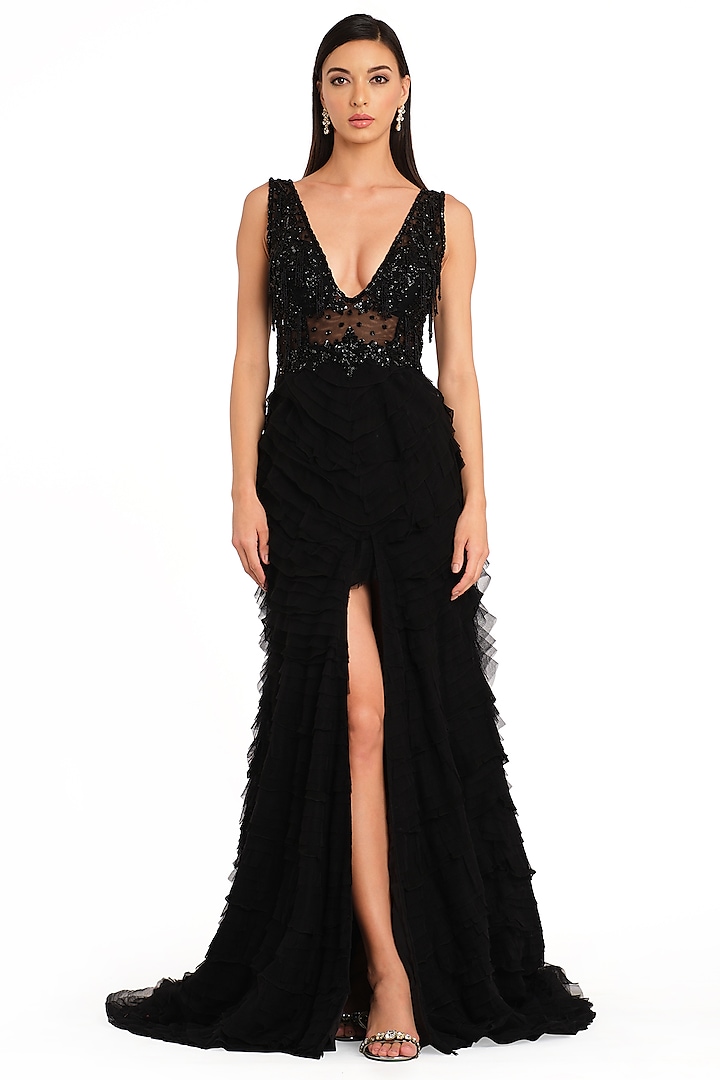 Black Net Embroidered Corset Gown by Rocky Star