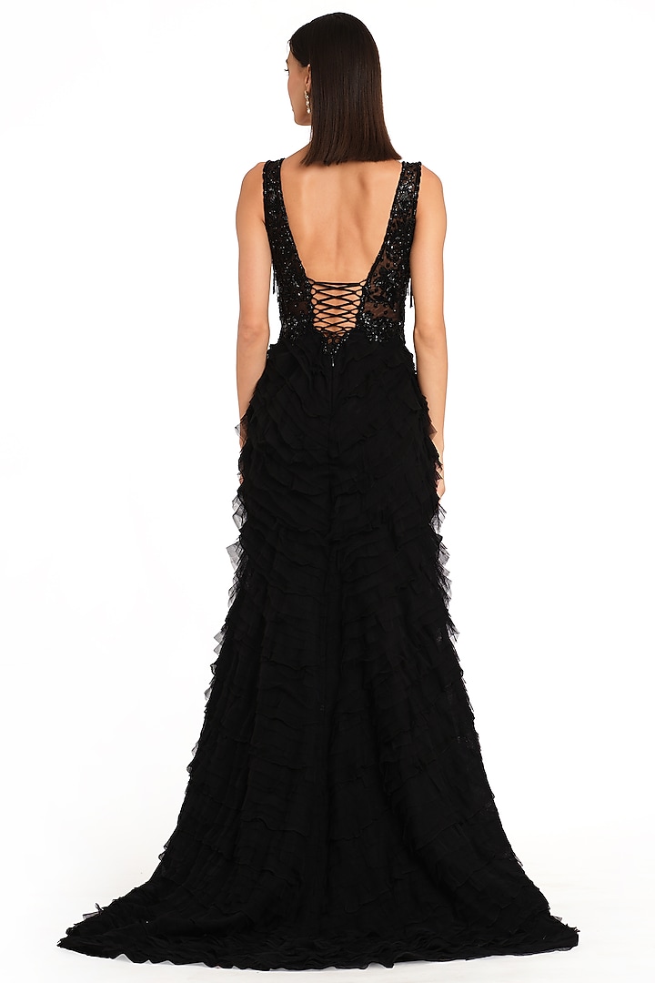 Black Net Embroidered Corset Bridal Gown by Rocky Star at Pernia's Pop Up Shop