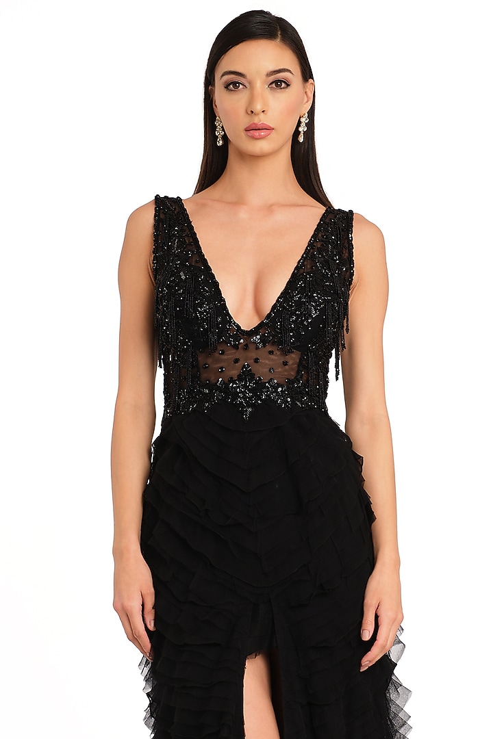 Black Net Embroidered Corset Bridal Gown by Rocky Star at Pernia's Pop Up Shop