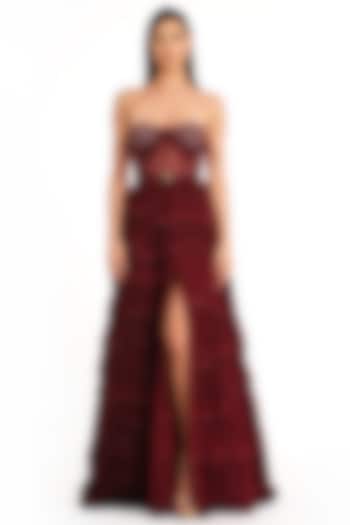 Burgundy Net Frill Corset Gown by Rocky Star
