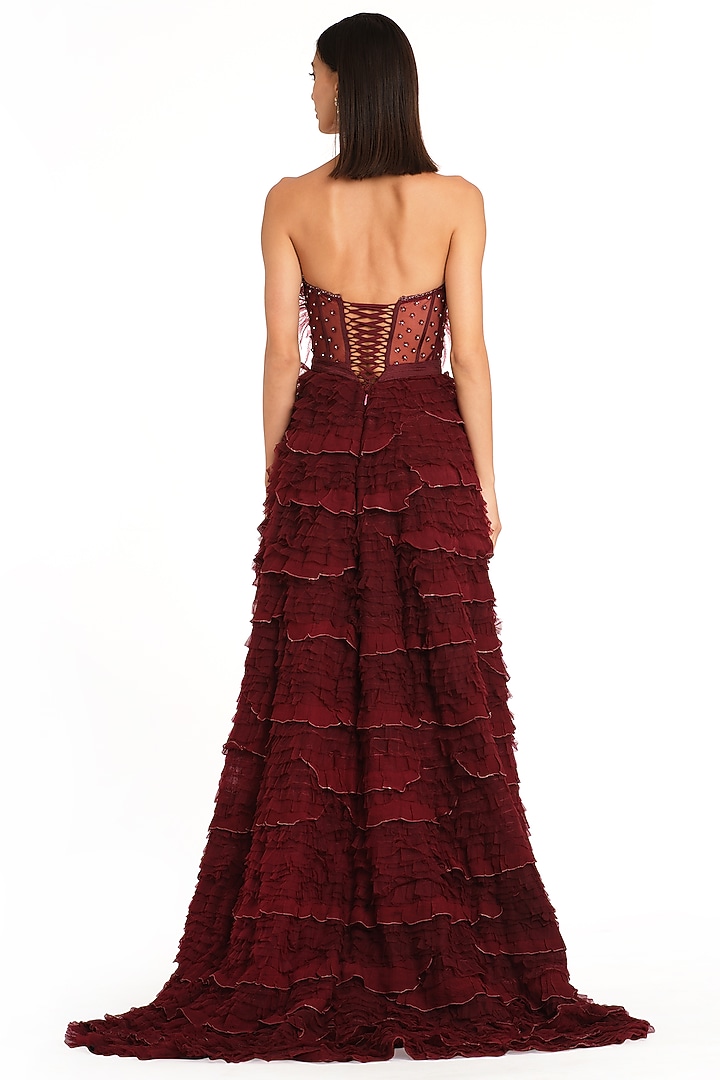 Burgundy Net Frill Corset Bridal Gown by Rocky Star at Pernia's Pop Up Shop