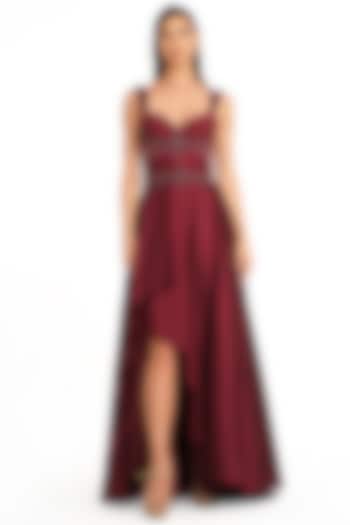 Burgundy Taffeta Embroidered Corset Gown by Rocky Star