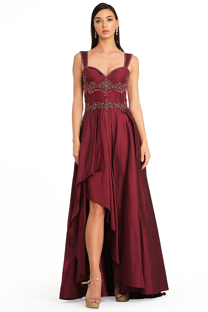 Burgundy Taffeta Embroidered Corset Gown by Rocky Star