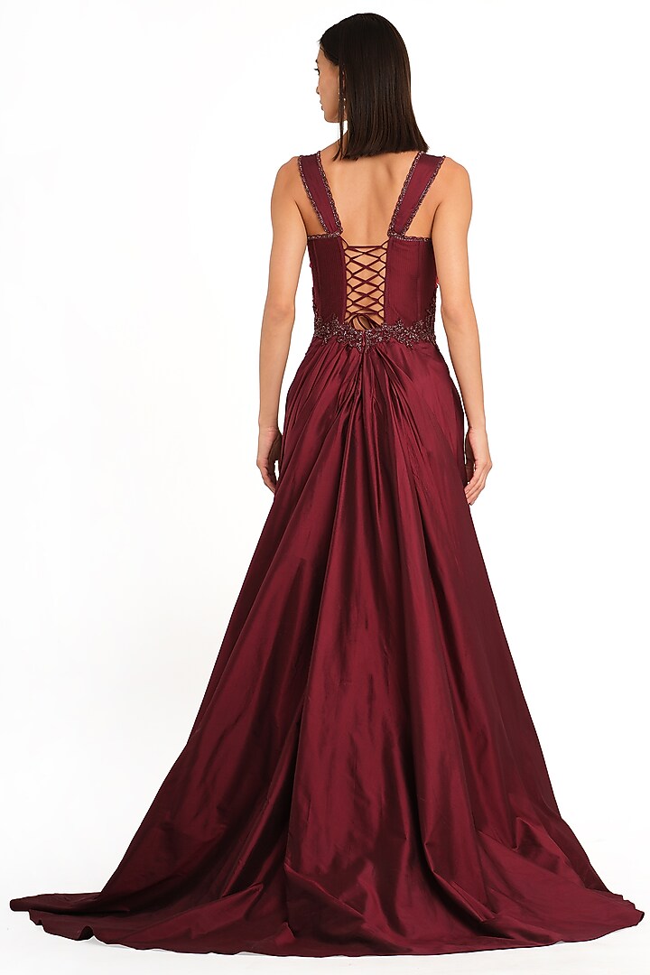 Burgundy Taffeta Embroidered Corset Wedding Gown by Rocky Star at Pernia's Pop Up Shop
