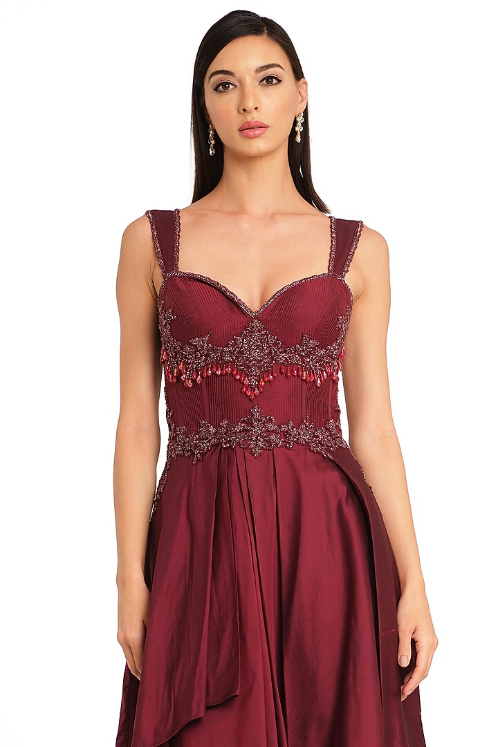 Burgundy Taffeta Embroidered Corset Wedding Gown by Rocky Star at Pernia's Pop Up Shop