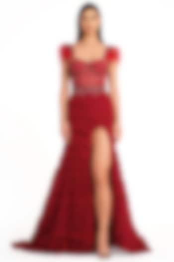 Deep Red Net Frill Corset Gown by Rocky Star