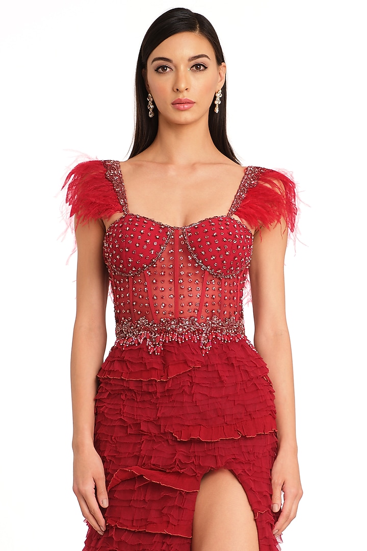 Deep Red Net Frill Corset Bridal Gown by Rocky Star at Pernia's Pop Up Shop