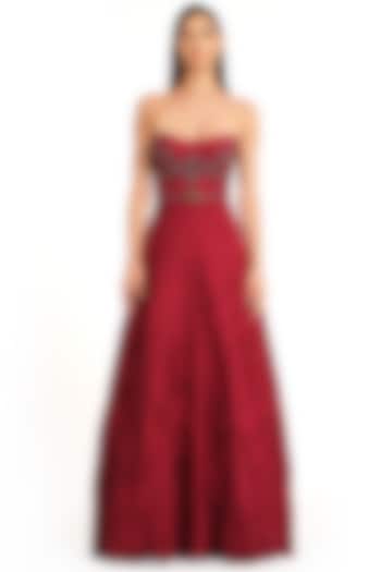 Deep Red Net & Raw Silk Embroidered layered Corset Gown by Rocky Star