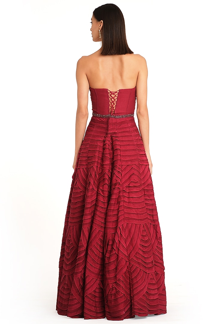 Deep Red Net & Raw Silk Embroidered layered Corset Bridal Gown by Rocky Star at Pernia's Pop Up Shop
