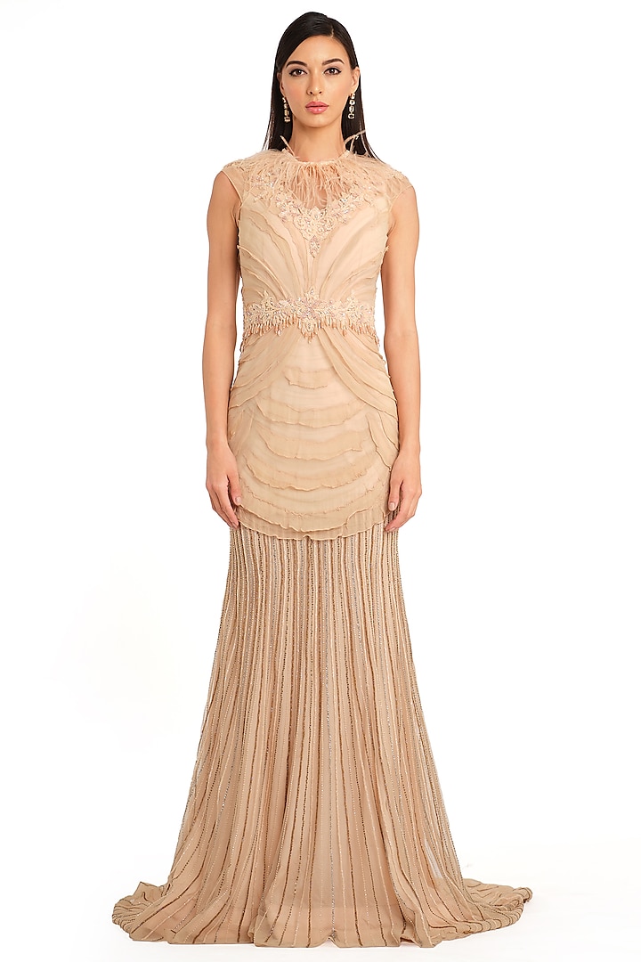 Peach Net Embroidered layered Gown by Rocky Star
