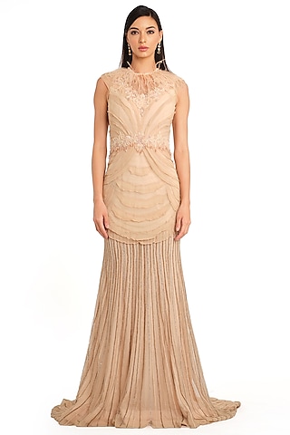 Peach Net Embroidered layered Gown by Rocky Star