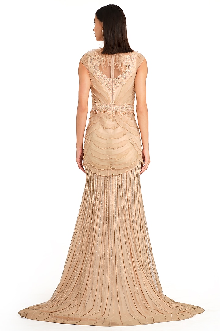 Peach Net Embroidered layered Bridal Gown by Rocky Star at Pernia's Pop Up Shop