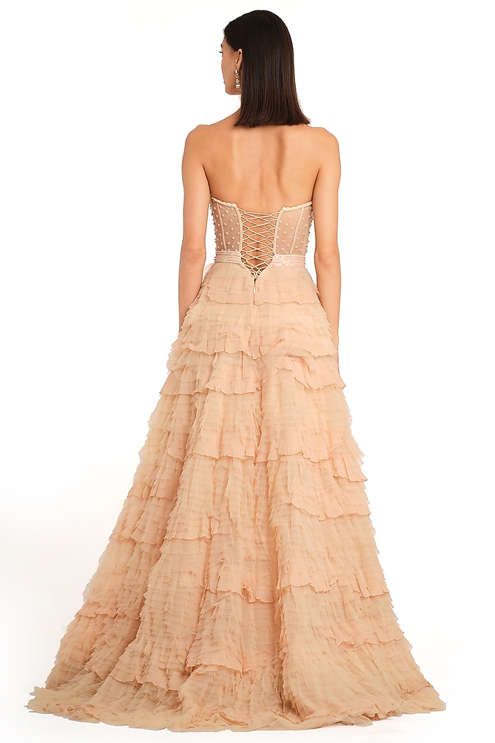 Peach Net Embroidered Corset Wedding Gown by Rocky Star at Pernia's Pop Up Shop