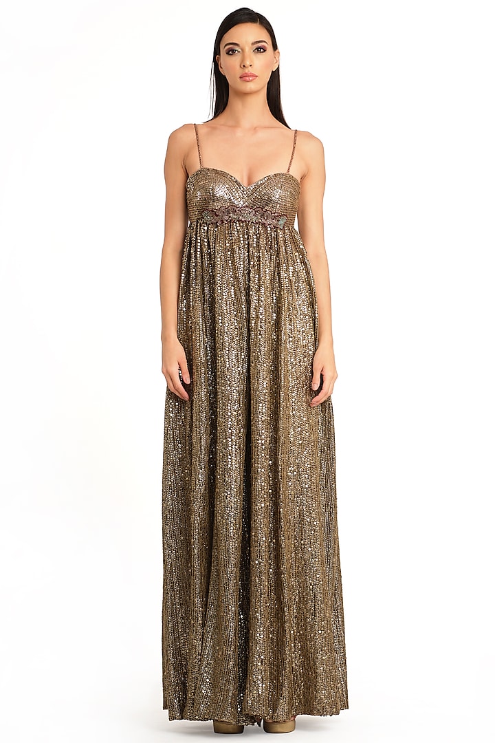 Antique Gold Net Embroidered Jumpsuit by Rocky Star