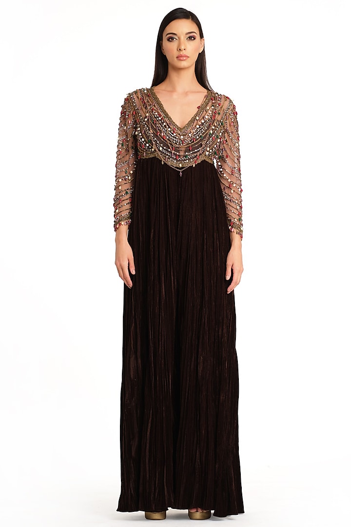 Brown Velvet Embroidered Flared Jumpsuit by Rocky Star