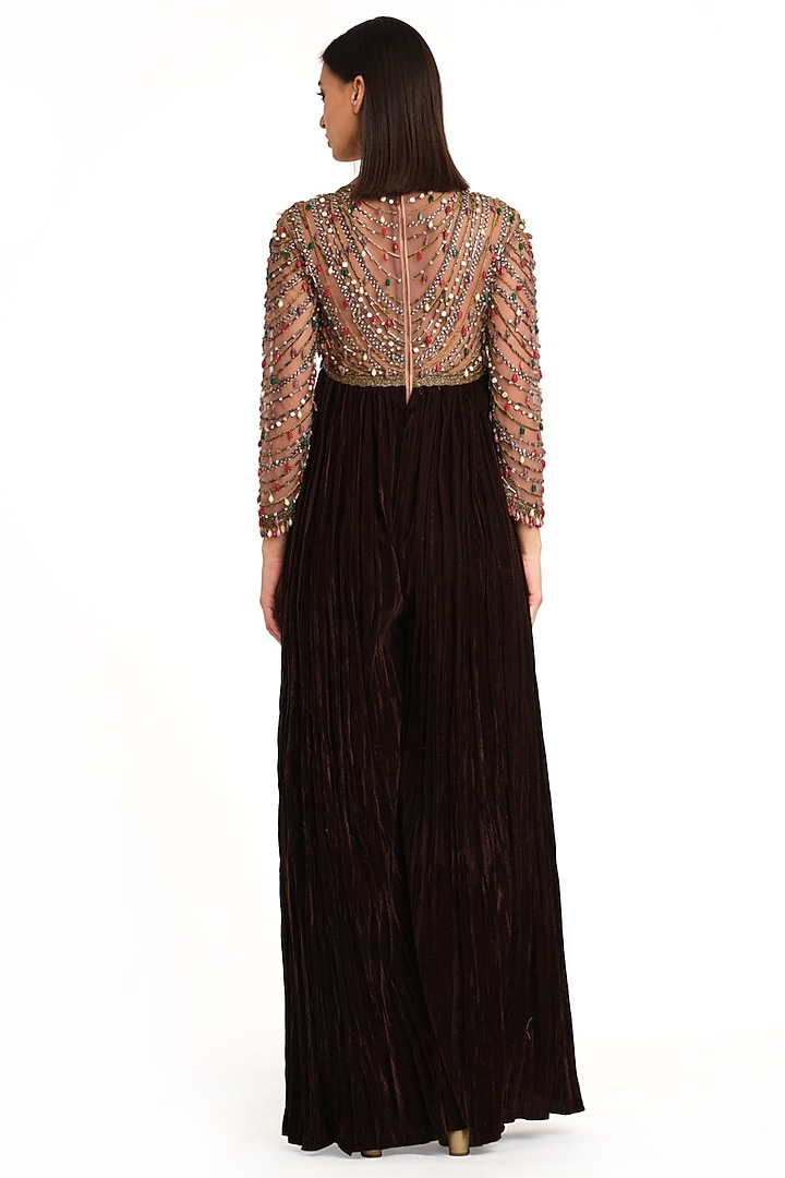 Brown Velvet Embroidered Flared Jumpsuit by Rocky Star at Pernia's Pop Up Shop
