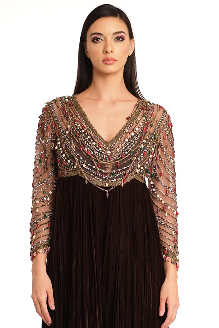 Brown Velvet Embroidered Flared Jumpsuit by Rocky Star at Pernia's Pop Up Shop