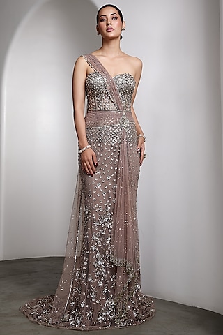 Pink Net Hand Embellished Strapless Gown by Rocky Star