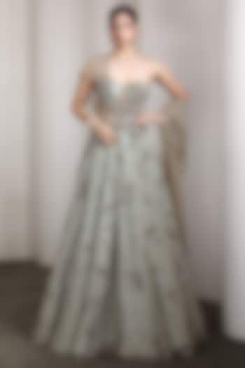 Grey Net Hand Embellished Strapless Bridal Gown by Rocky Star at Pernia's Pop Up Shop