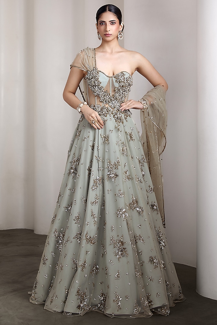 Grey Net Hand Embellished Strapless Bridal Gown by Rocky Star at Pernia's Pop Up Shop