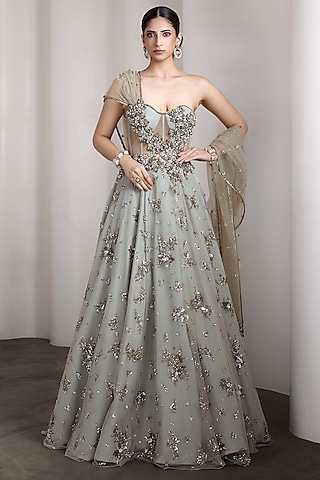 Grey Net Hand Embellished Strapless Gown by Rocky Star
