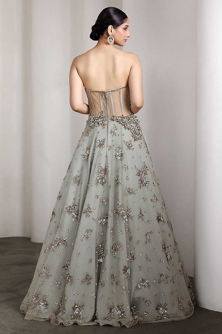 Grey Net Hand Embellished Strapless Bridal Gown by Rocky Star at Pernia's Pop Up Shop