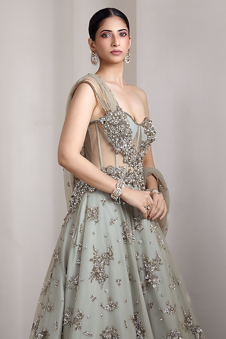 Grey Net Hand Embellished Strapless Bridal Gown by Rocky Star at Pernia's Pop Up Shop
