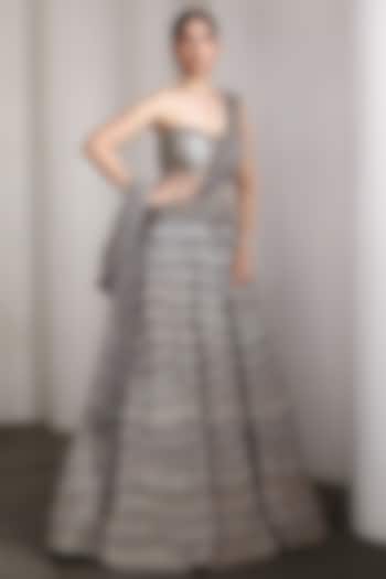 Grey Net & Raw Silk Hand Embellished Bridal Gown by Rocky Star at Pernia's Pop Up Shop