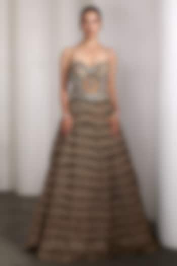 Olive Net & Raw Silk Hand Embellished Bridal Gown by Rocky Star at Pernia's Pop Up Shop