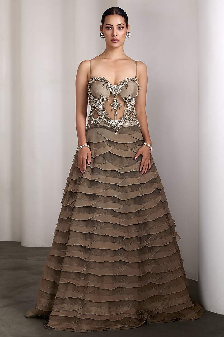 Olive Net & Raw Silk Hand Embellished Bridal Gown by Rocky Star at Pernia's Pop Up Shop