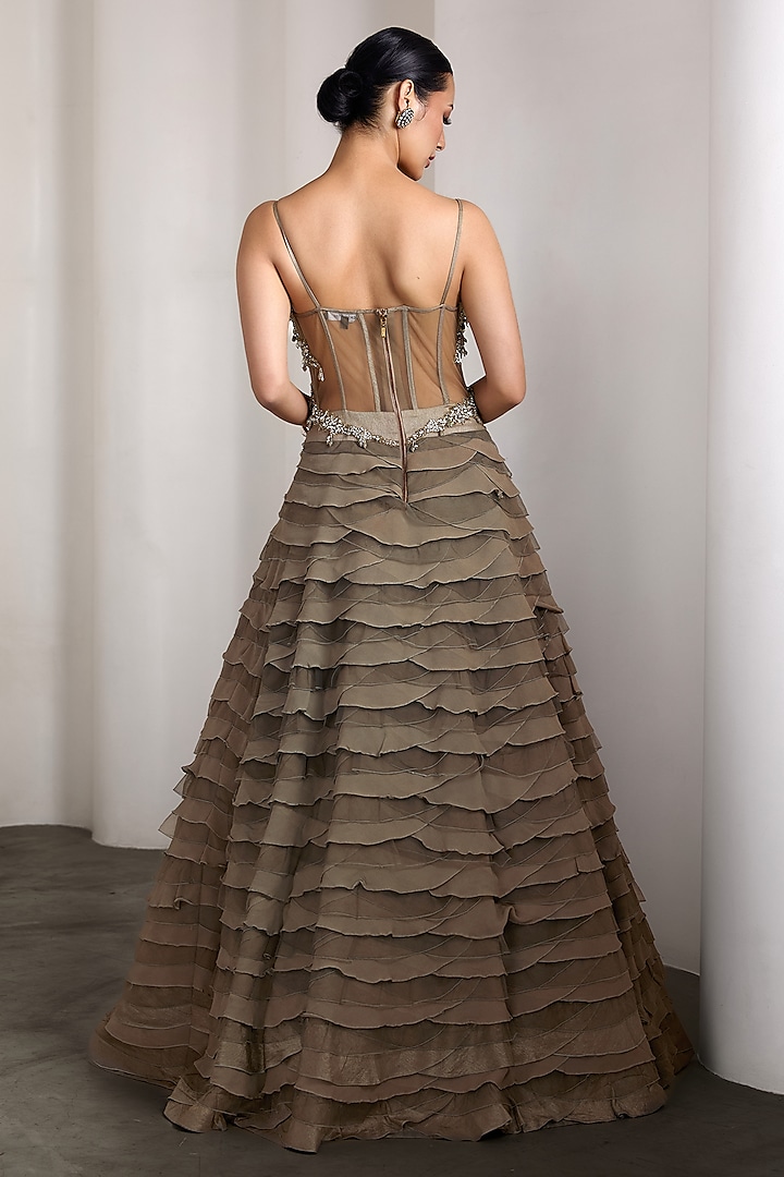 Olive Net & Raw Silk Hand Embellished Bridal Gown by Rocky Star at Pernia's Pop Up Shop