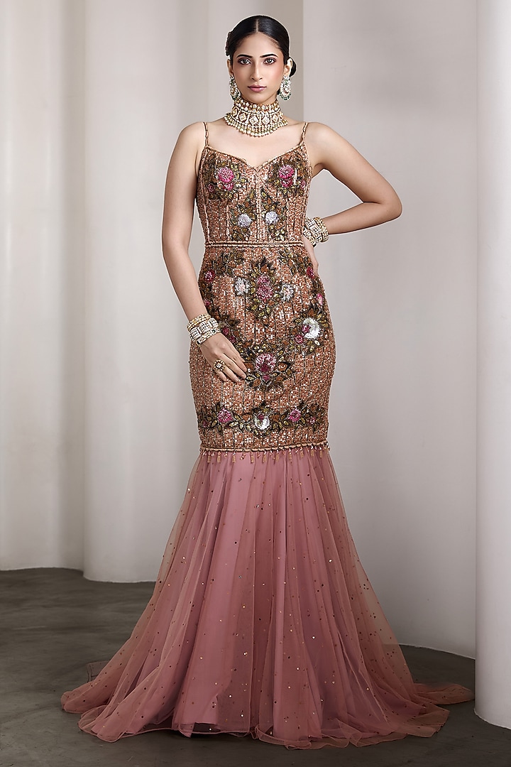 Pink Net Hand Embroidered Bridal Gown by Rocky Star at Pernia's Pop Up Shop