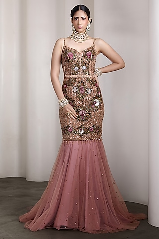 Pink Net Hand Embroidered Gown by Rocky Star