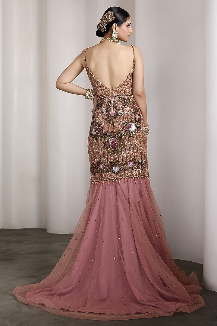 Pink Net Hand Embroidered Bridal Gown by Rocky Star at Pernia's Pop Up Shop