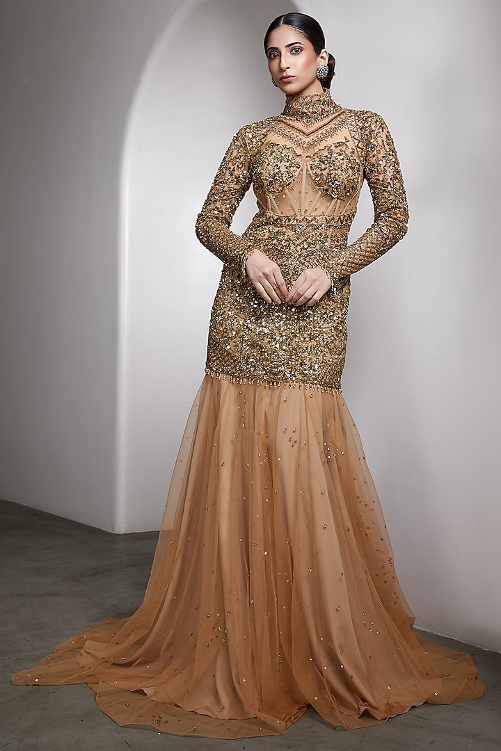 Nude Net Hand Embellished Bridal Gown by Rocky Star at Pernia's Pop Up Shop