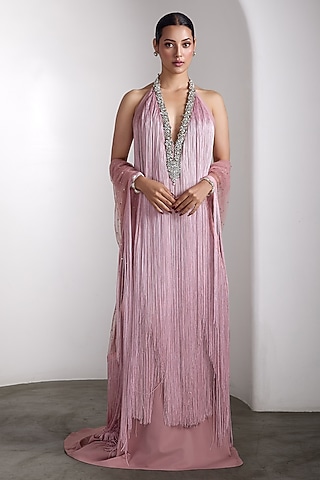 Pink Lycra & Net Hand Embellished Gown With Cape by Rocky Star