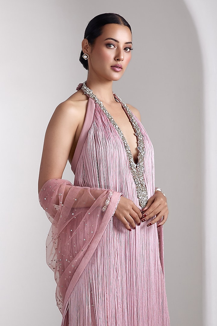 Pink Lycra & Net Hand Embellished Wedding Gown With Cape by Rocky Star at Pernia's Pop Up Shop