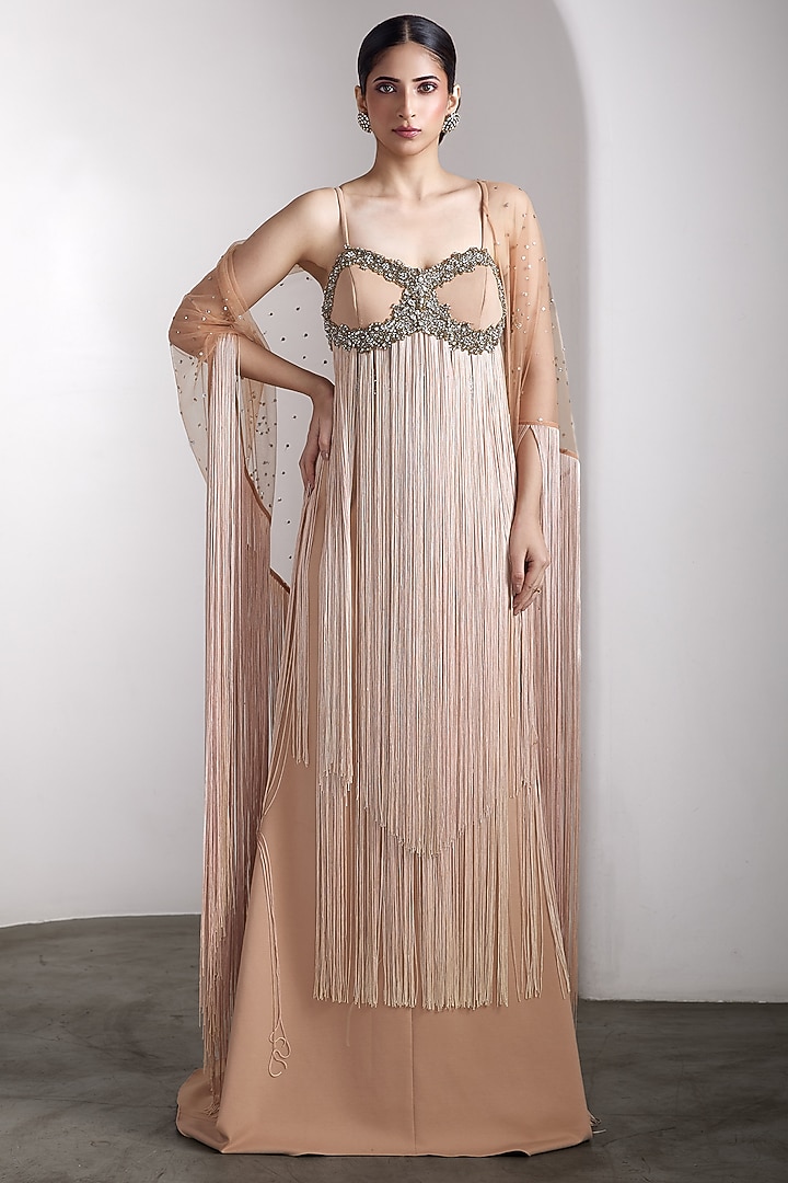 Nude Lycra & Net Hand Embellished Wedding Gown With Cape by Rocky Star at Pernia's Pop Up Shop
