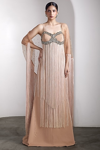 Nude Lycra & Net Hand Embellished Gown With Cape by Rocky Star