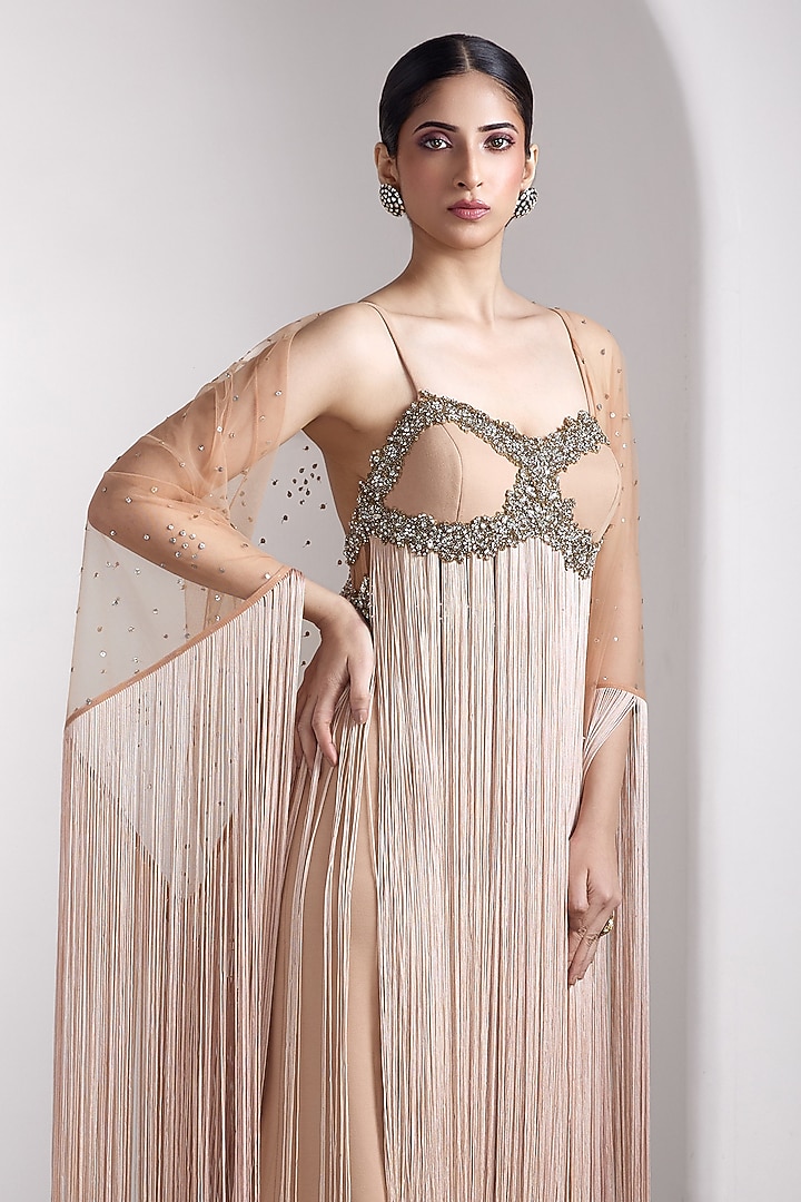 Nude Lycra & Net Hand Embellished Wedding Gown With Cape by Rocky Star at Pernia's Pop Up Shop