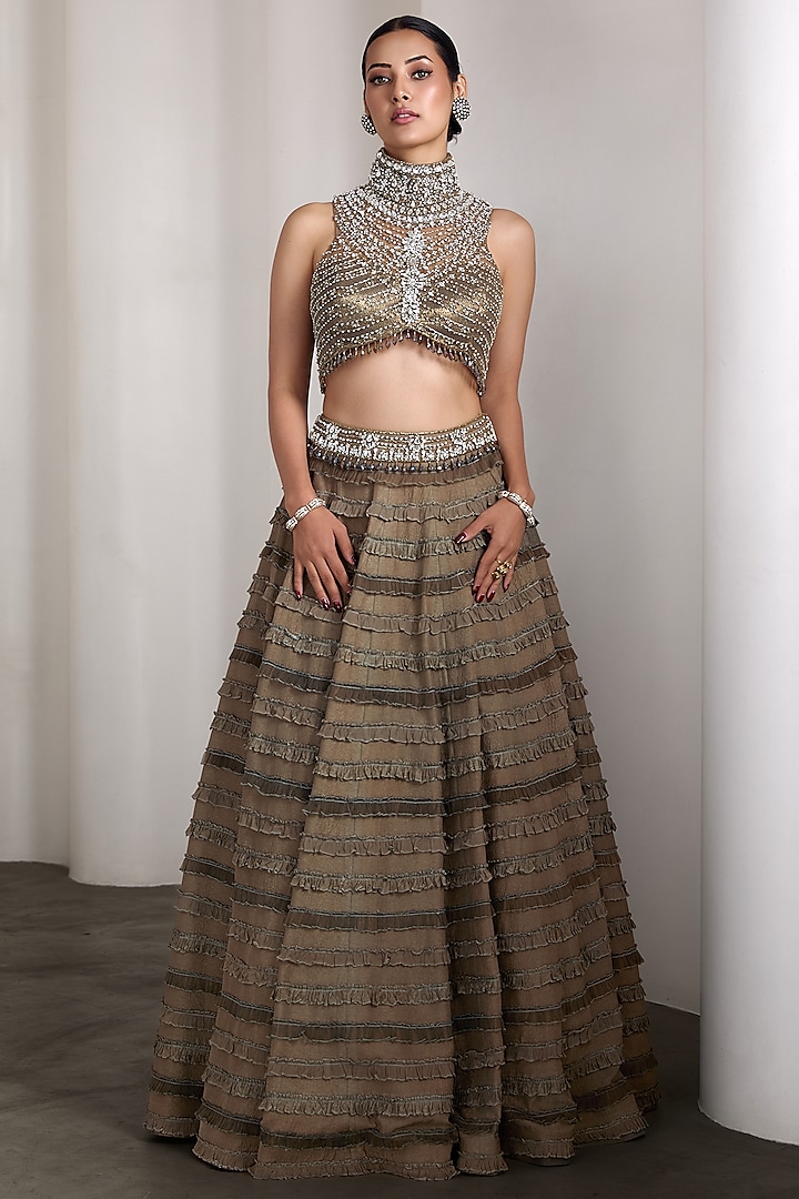 Olive Raw Silk & Net Ruffled Bridal Lehenga Set by Rocky Star at Pernia's Pop Up Shop