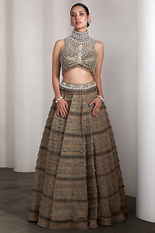 Olive Raw Silk & Net Ruffled Lehenga Set by Rocky Star