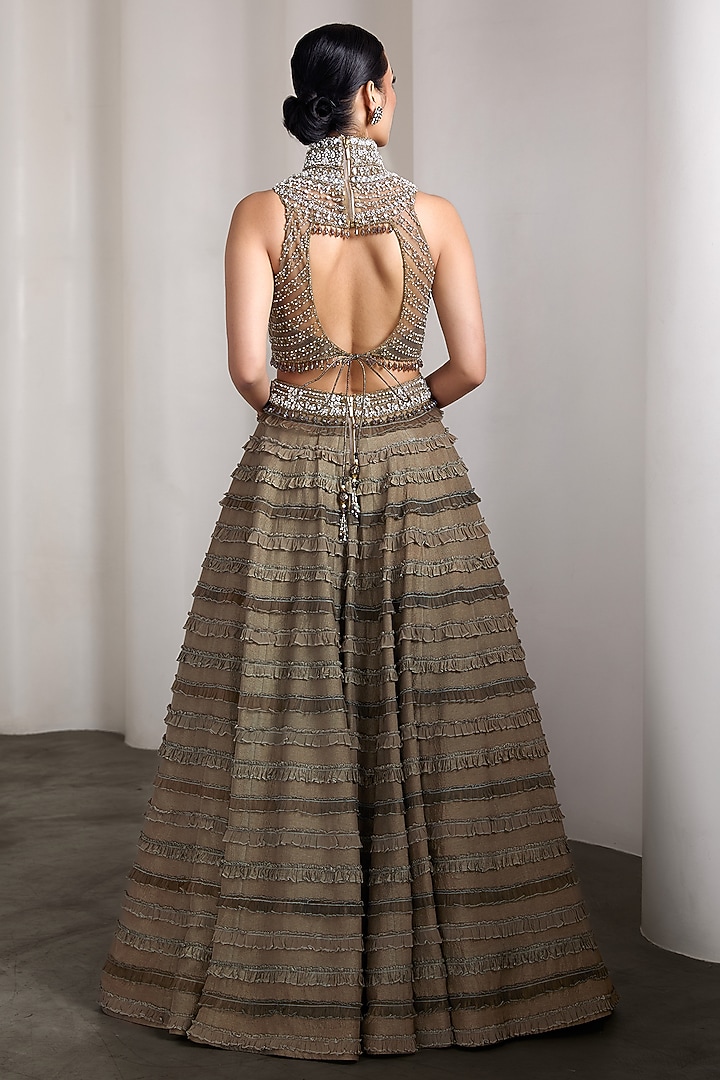 Olive Raw Silk & Net Ruffled Bridal Lehenga Set by Rocky Star at Pernia's Pop Up Shop
