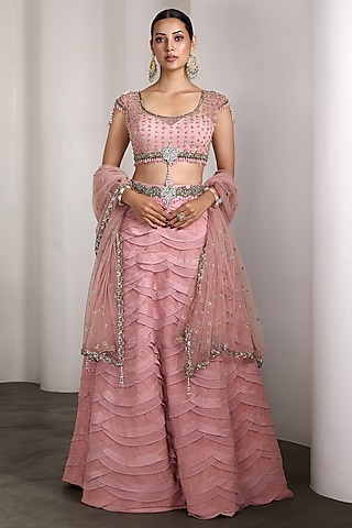 Pink Raw Silk & Net Ruffled Lehenga Set by Rocky Star