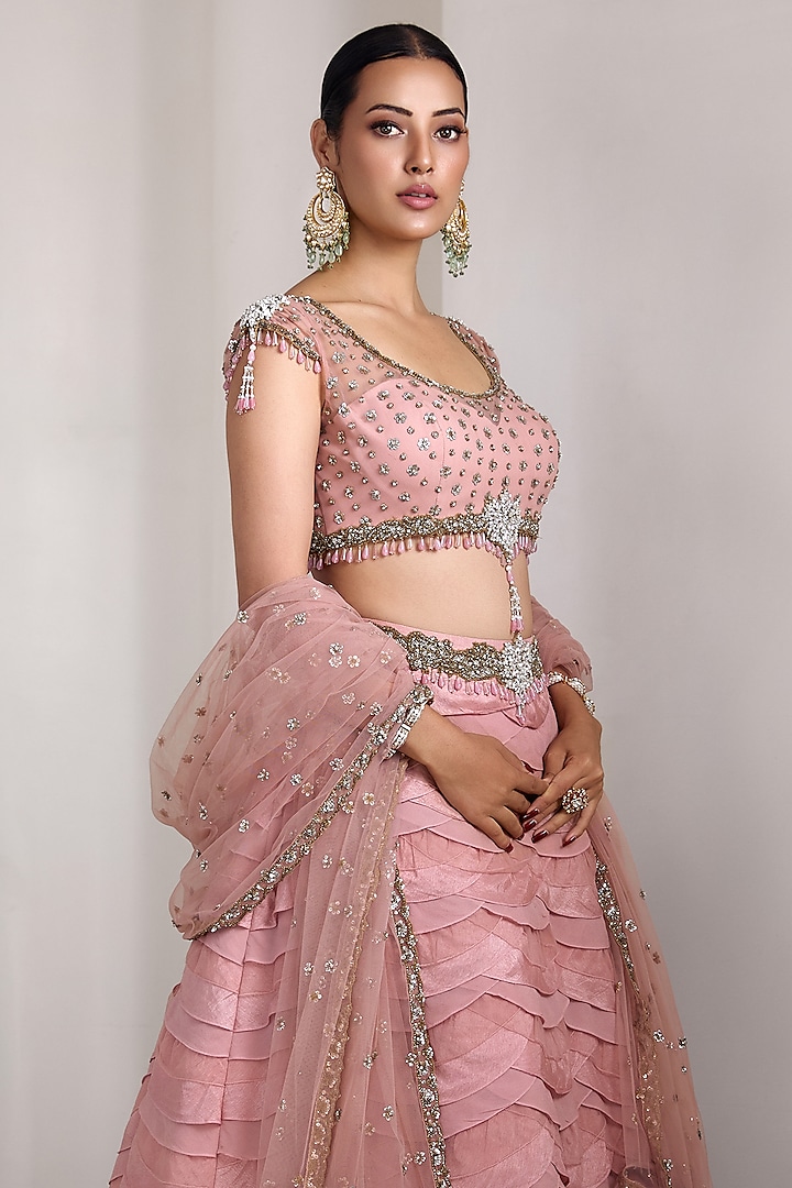 Pink Raw Silk & Net Ruffled Bridal Lehenga Set by Rocky Star at Pernia's Pop Up Shop