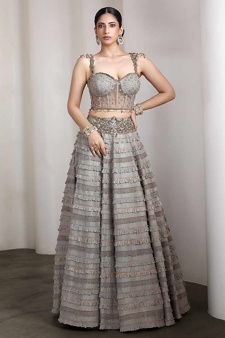 Grey Raw Silk & Net Ruffled Bridal Lehenga Set by Rocky Star at Pernia's Pop Up Shop