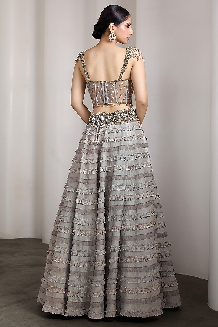 Grey Raw Silk & Net Ruffled Bridal Lehenga Set by Rocky Star at Pernia's Pop Up Shop