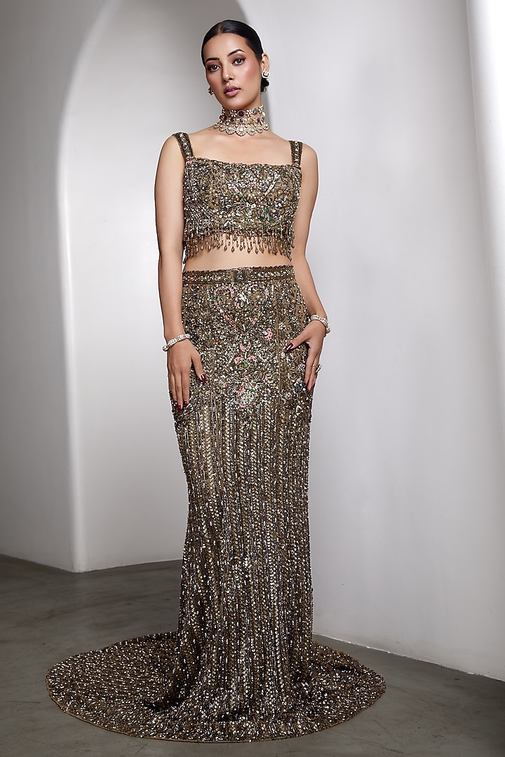 Green Net Hand Embellished Bridal Lehenga Set by Rocky Star at Pernia's Pop Up Shop