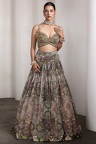 Beige Organza & Poly Lurex Floral Printed Lehenga Set by Rocky Star