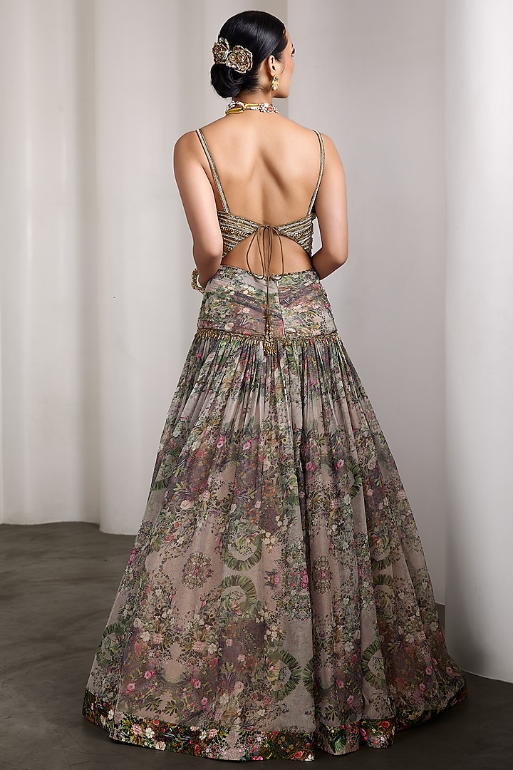 Beige Organza & Poly Lurex Floral Printed Wedding Lehenga Set by Rocky Star at Pernia's Pop Up Shop